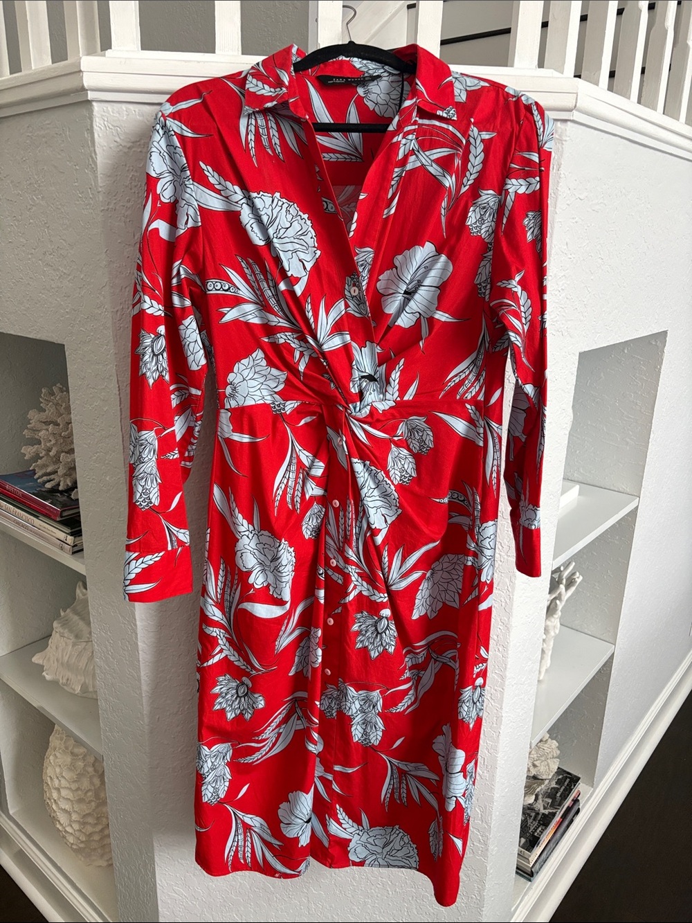 Zara Red Long-Sleeve Floral Wrap-Style Dress with White Print
